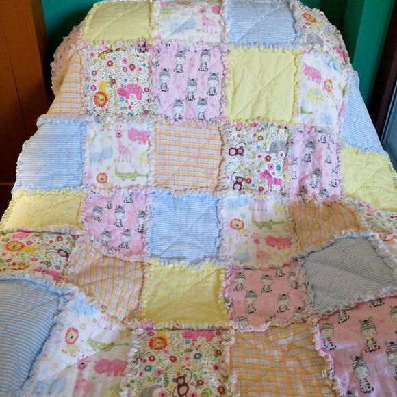 Flannel Rag Quilt With Batting 43 x 43, Jungle Animals Baby Shower Gift - Picture 12 of 12